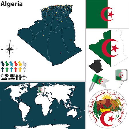 simsearch:400-06880742,k - Vector map of Algeria with regions, coat of arms and location on world map Photographie de stock - Aubaine LD & Abonnement, Code: 400-07746565