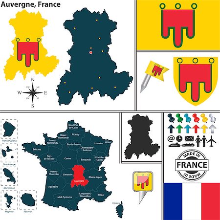 simsearch:400-07756064,k - Vector map of state Auvergne with coat of arms and location on France map Stock Photo - Budget Royalty-Free & Subscription, Code: 400-07746576
