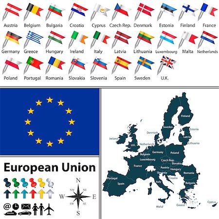 simsearch:400-04968347,k - Vector of political map of European Union set with maps and flags on white background Stock Photo - Budget Royalty-Free & Subscription, Code: 400-07746570