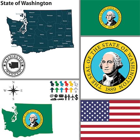 simsearch:400-07429600,k - Vector set of Washington state with flag and icons on white background Foto de stock - Super Valor sin royalties y Suscripción, Código: 400-07746587