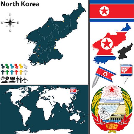 simsearch:400-07796898,k - Vector map of North Korea with regions, coat of arms and location on world map Stock Photo - Budget Royalty-Free & Subscription, Code: 400-07746588