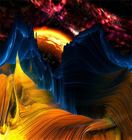exoplanet - Alien mountains with space background and a red-yellow planet Stock Photo - Budget Royalty-Free & Subscription, Code: 400-07746668