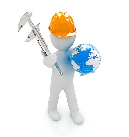 3d man engineer in hard hat with vernier caliper and Earth on a white background Stockbilder - Microstock & Abonnement, Bildnummer: 400-07746856