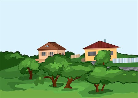 Illustration of cartoon landscape. Cartoon village houses with green trees. Foto de stock - Super Valor sin royalties y Suscripción, Código: 400-07747417