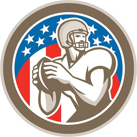 simsearch:400-07835465,k - Illustration of an american football gridiron quarterback player throwing ball facing side set inside circle with stars in background done in retro style. Stock Photo - Budget Royalty-Free & Subscription, Code: 400-07747542