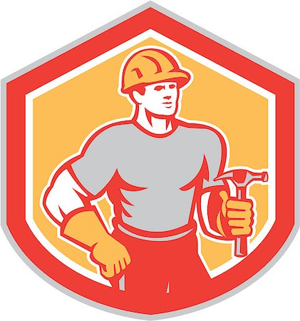 Illustration of a builder construction carpenter worker holding hammer set inside shield on isolated background done in retro style. Foto de stock - Super Valor sin royalties y Suscripción, Código: 400-07747611