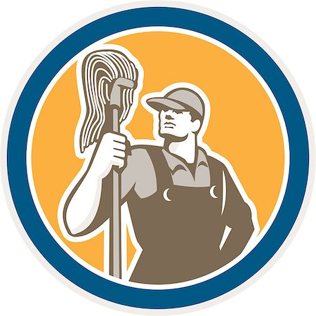 simsearch:400-08680419,k - Illustration of a janitor cleaner worker holding mop standing viewed from front set inside circle on isolated background done in retro style. Stock Photo - Budget Royalty-Free & Subscription, Code: 400-07747630