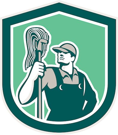 simsearch:400-08680419,k - Illustration of a janitor cleaner worker holding mop standing viewed from front set inside shield crest on isolated background done in retro style. Stock Photo - Budget Royalty-Free & Subscription, Code: 400-07747631