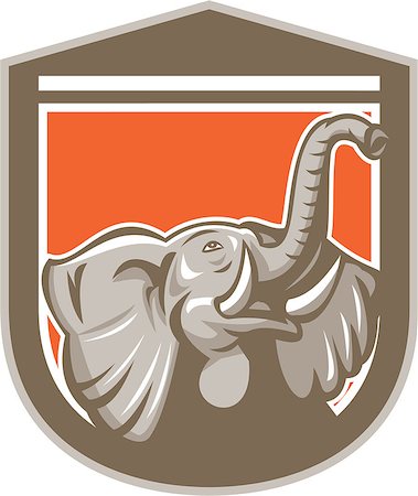 simsearch:400-08620286,k - Illustration of an elephant head with tusk looking up set inside shield crest on isolated background done in retro style. Foto de stock - Super Valor sin royalties y Suscripción, Código: 400-07747646