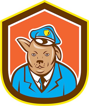 simsearch:400-08574574,k - Illustration of a police guard dog canine in uniform with hat viewed from front set inside shield crest on isolated background done in cartoon style. Stock Photo - Budget Royalty-Free & Subscription, Code: 400-07747677