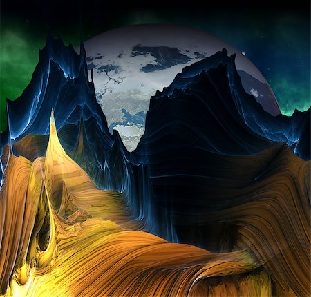 exoplanet - Alien mountains with space background and a big planet Stock Photo - Budget Royalty-Free & Subscription, Code: 400-07748549
