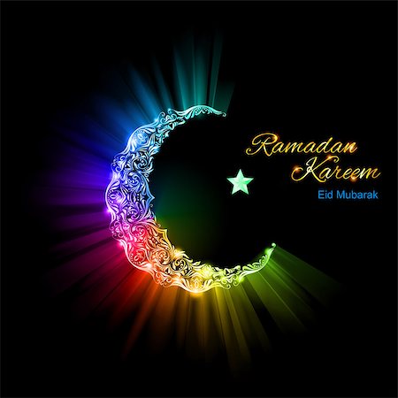 Ornate Moon Crescent and a single bright star in brilliant spectral flares and lights. Ramadan greeting postcard Stock Photo - Budget Royalty-Free & Subscription, Code: 400-07749012