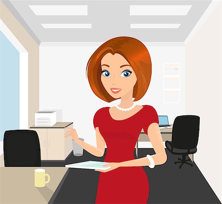 stylish cartoon businesswoman - Pretty woman in the office holds a tablet pc in her hand. Stock Photo - Budget Royalty-Free & Subscription, Code: 400-07749045