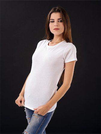 shirt front back model - Photo of a young beautiful sexy female with blank white shirt, front and back, over black background. Ready for your design or artwork. Stock Photo - Budget Royalty-Free & Subscription, Code: 400-07749307