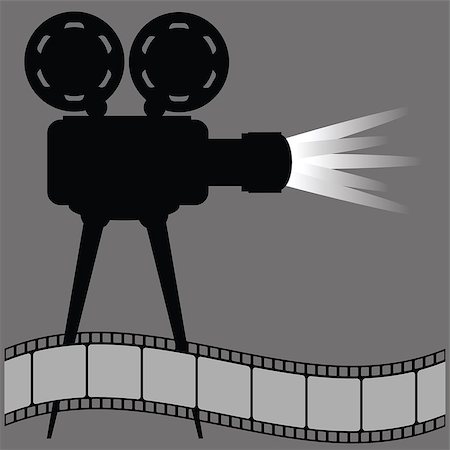 projector light in a movie theatre - old movie projector silhouette and film strip on a gray background Photographie de stock - Aubaine LD & Abonnement, Code: 400-07749381