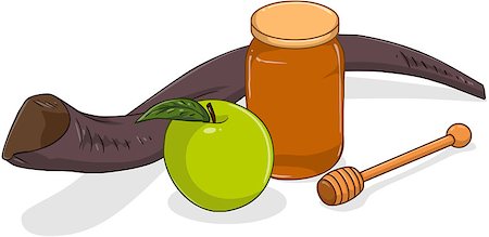 simsearch:400-08617549,k - Vector illustration of shofar apple and honey jar for yom kippur Stockbilder - Microstock & Abonnement, Bildnummer: 400-07749546
