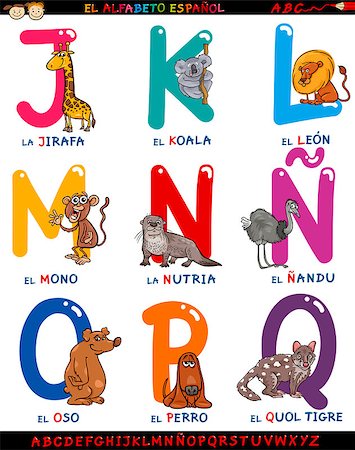 Cartoon Illustration of Colorful Spanish Alphabet or Alfabeto Espanol Set with Funny Animals from Letter J to Q Stock Photo - Budget Royalty-Free & Subscription, Code: 400-07749914