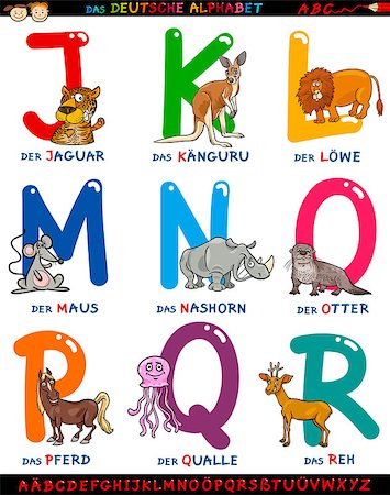 simsearch:841-03062893,k - Cartoon Illustration of Colorful German or Deutsch Alphabet Set with Funny Animals from Letter J to R Foto de stock - Super Valor sin royalties y Suscripción, Código: 400-07749911