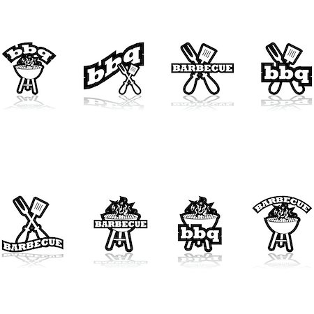 Icon set showing a grill a long fork and spatula combined with the words barbecue and bbq Stock Photo - Budget Royalty-Free & Subscription, Code: 400-07754620