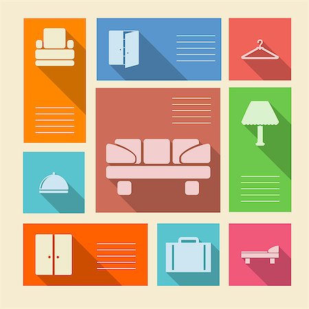 simsearch:400-08933543,k - Square colored vector icons with white silhouette symbols for hotel and place for your text. Foto de stock - Super Valor sin royalties y Suscripción, Código: 400-07754793