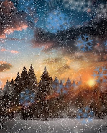 simsearch:400-07755560,k - Snowflakes falling against fir tree forest in snowy landscape Stock Photo - Budget Royalty-Free & Subscription, Code: 400-07755458