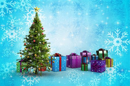 Composite image of christmas tree and presents against blue snow flake pattern design Stock Photo - Budget Royalty-Free & Subscription, Code: 400-07755564