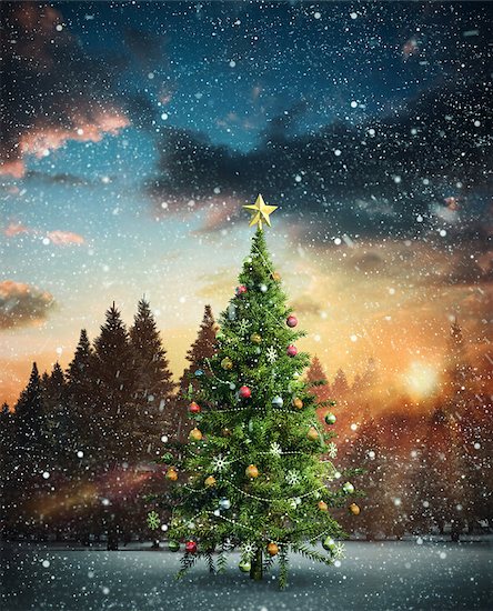 Composite image of christmas tree against fir tree forest in snowy landscape Stock Photo - Royalty-Free, Artist: 4774344sean, Image code: 400-07755569