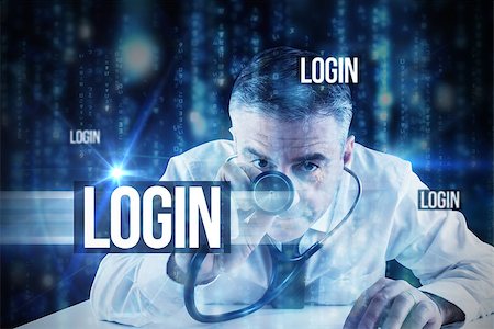 The word login and mature businessman running diagnostics against lines of blue blurred letters falling Stock Photo - Budget Royalty-Free & Subscription, Code: 400-07755615