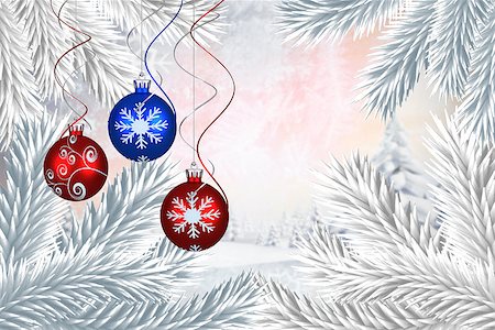 simsearch:400-07755560,k - Digital hanging christmas bauble decoration against snowy landscape with fir trees Stock Photo - Budget Royalty-Free & Subscription, Code: 400-07755748