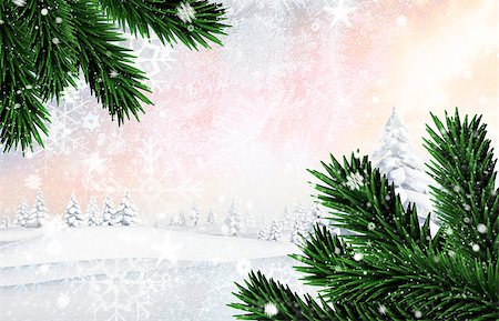 simsearch:400-07755560,k - Composite image of snow falling against snowy landscape with fir trees Stock Photo - Budget Royalty-Free & Subscription, Code: 400-07755754