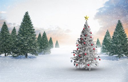 Christmas tree with baubles and star against snowy landscape with fir trees Stock Photo - Budget Royalty-Free & Subscription, Code: 400-07755758