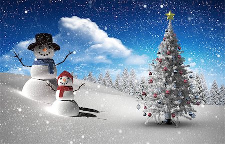 simsearch:400-07755560,k - Composite image of christmas tree and snowman against fir tree forest in snowy landscape Stock Photo - Budget Royalty-Free & Subscription, Code: 400-07755788