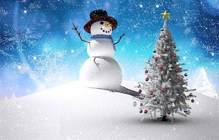 simsearch:400-07755560,k - Composite image of christmas tree and snowman against snowy landscape with fir trees Stock Photo - Budget Royalty-Free & Subscription, Code: 400-07755780