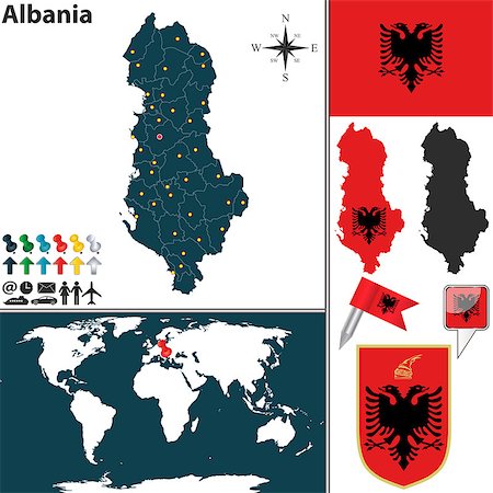 simsearch:400-06867947,k - Vector map of Albania with regions, coat of arms and location on world map Photographie de stock - Aubaine LD & Abonnement, Code: 400-07756054