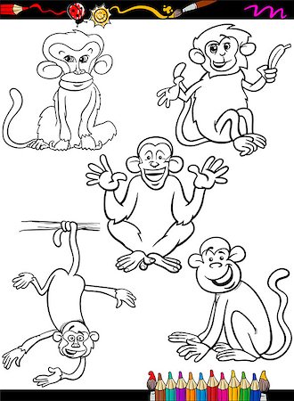 simsearch:400-07833917,k - Coloring Book or Page Cartoon Illustration of Black and White Funny Monkeys and Apes Primate Animals Characters Set for Children Photographie de stock - Aubaine LD & Abonnement, Code: 400-07756950