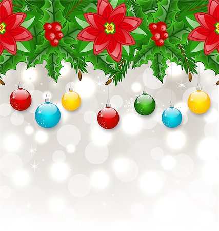 simsearch:400-08113383,k - Illustration Christmas background with balls, holly berry, pine and poinsettia - vector Stock Photo - Budget Royalty-Free & Subscription, Code: 400-07757507