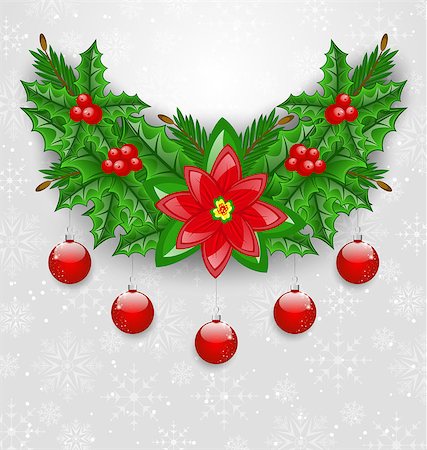 simsearch:400-08113383,k - Illustration Christmas adornment with balls, holly berry, pine and poinsettia - vector Stock Photo - Budget Royalty-Free & Subscription, Code: 400-07757509
