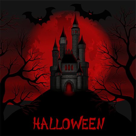 Vector illustration for Halloween with a castle on the background of moon Stock Photo - Budget Royalty-Free & Subscription, Code: 400-07758078