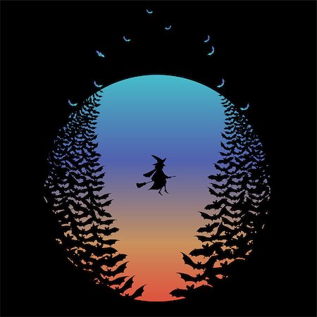 simsearch:400-09089375,k - Halloween moon with flying witch and bats, negative space vector illustration Fotografie stock - Microstock e Abbonamento, Codice: 400-07758752