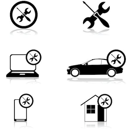 simsearch:400-06553976,k - Icon set showing a wrench and a screwdriver paired with a computer, a phone, a car and a house Foto de stock - Royalty-Free Super Valor e Assinatura, Número: 400-07758849