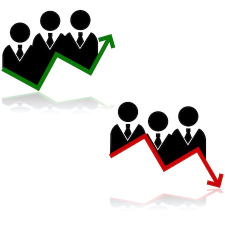 Concept illustration showing a team of businessmen paired with a graph going up and another going down Stock Photo - Budget Royalty-Free & Subscription, Code: 400-07758841