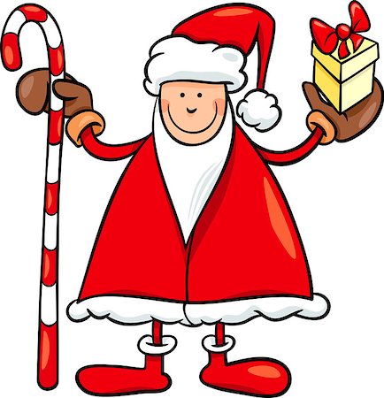 simsearch:400-07062650,k - Cartoon Illustration of Santa Claus Character with Cane and Christmas Present Fotografie stock - Microstock e Abbonamento, Codice: 400-07759085