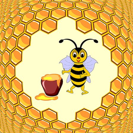 A cute cartoon bee with a honey pot surrounded by honeycombs. Vector-art illustration Stock Photo - Budget Royalty-Free & Subscription, Code: 400-07759284