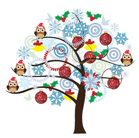 vector tree with owls, snowflakes, balls Stock Photo - Budget Royalty-Free & Subscription, Code: 400-07759466