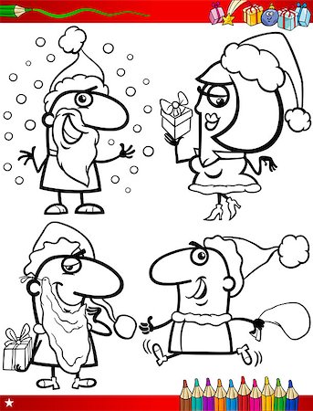 simsearch:400-07758238,k - Coloring Book Cartoon Illustration of Black and White Christmas Themes Set with Santa Claus and Pretty Girl Stock Photo - Budget Royalty-Free & Subscription, Code: 400-07759817