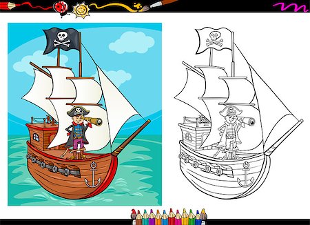 simsearch:400-08160274,k - Coloring Book or Page Cartoon Illustration of Black and White Pirate Captain with Spyglass and Ship with Jolly Roger Flag for Children Foto de stock - Super Valor sin royalties y Suscripción, Código: 400-07759810