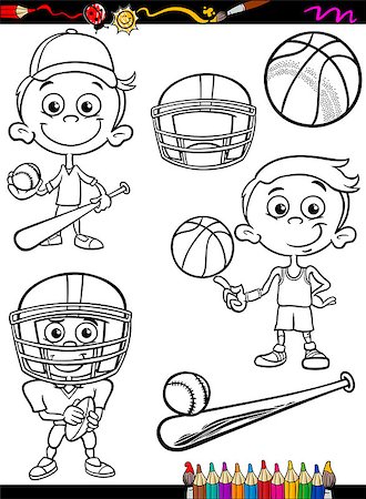 simsearch:400-09097342,k - Coloring Book or Page Cartoon Illustration of Black and White Boy Kid Playing Baseball and Basketball and American Football Set for Children Stock Photo - Budget Royalty-Free & Subscription, Code: 400-07759812