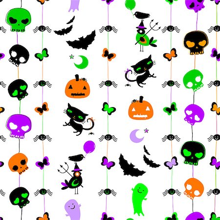 simsearch:400-06881290,k - halloween themed seamless pattern with cute skulls, ghosts, cats, bats, pumpkins etc Stockbilder - Microstock & Abonnement, Bildnummer: 400-07759891