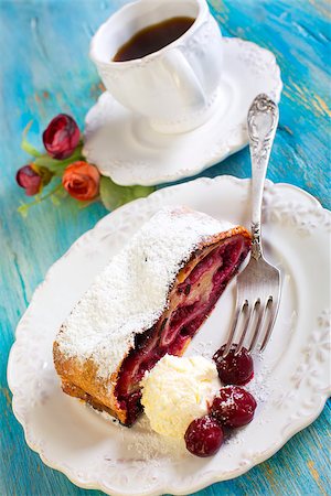 strudel - Piece of cherry strudel and a cup of coffee. Stock Photo - Budget Royalty-Free & Subscription, Code: 400-07750042