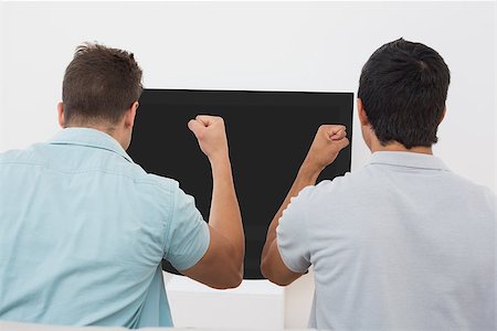 sports fan watching a game on tv - Rear view of two excited soccer fans watching tv Stock Photo - Budget Royalty-Free & Subscription, Code: 400-07750626